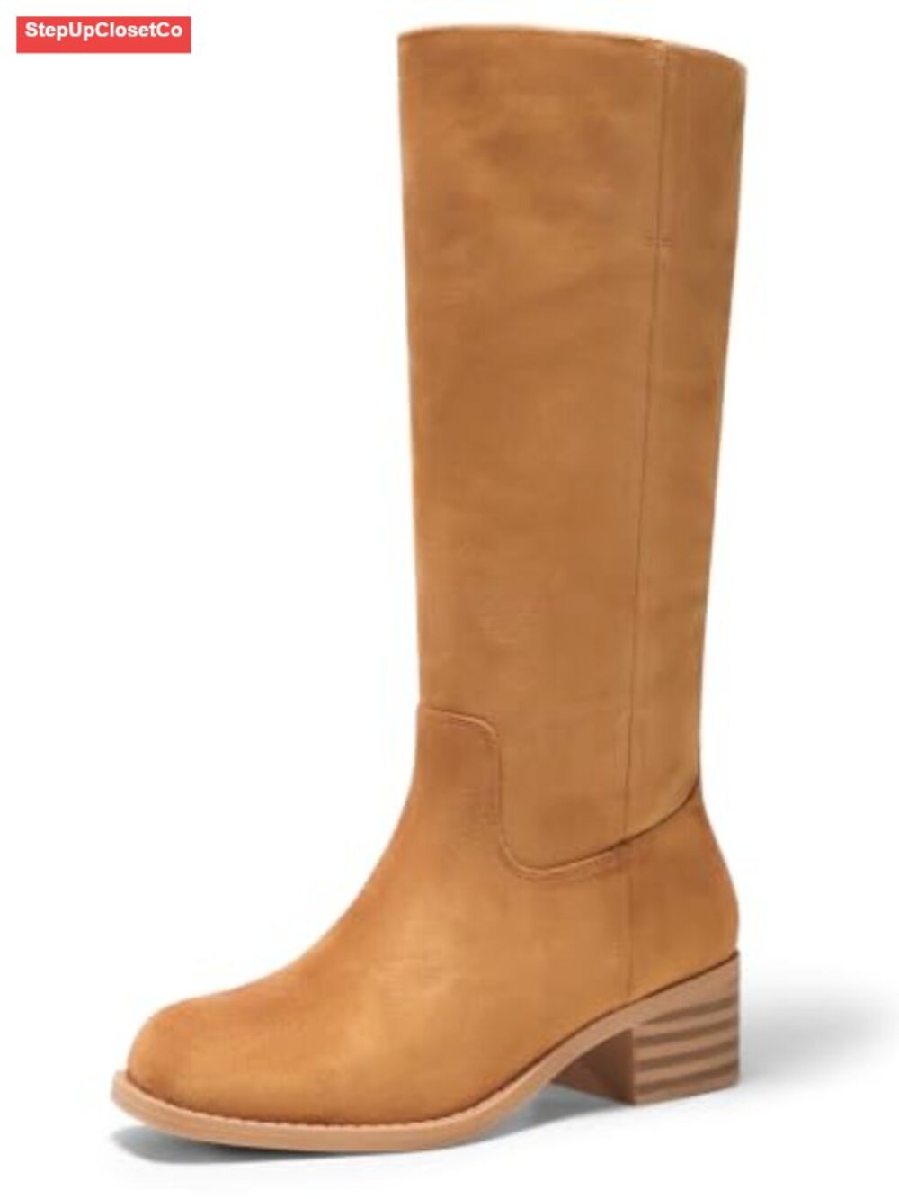 Coutgo Square Toe Chunky Block Heel Knee High Boots Faux Suede Tall Boots